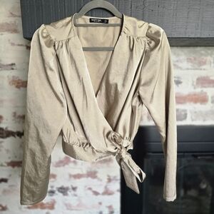 Nasty Gal Women's Beige Satin Wrap Blouse